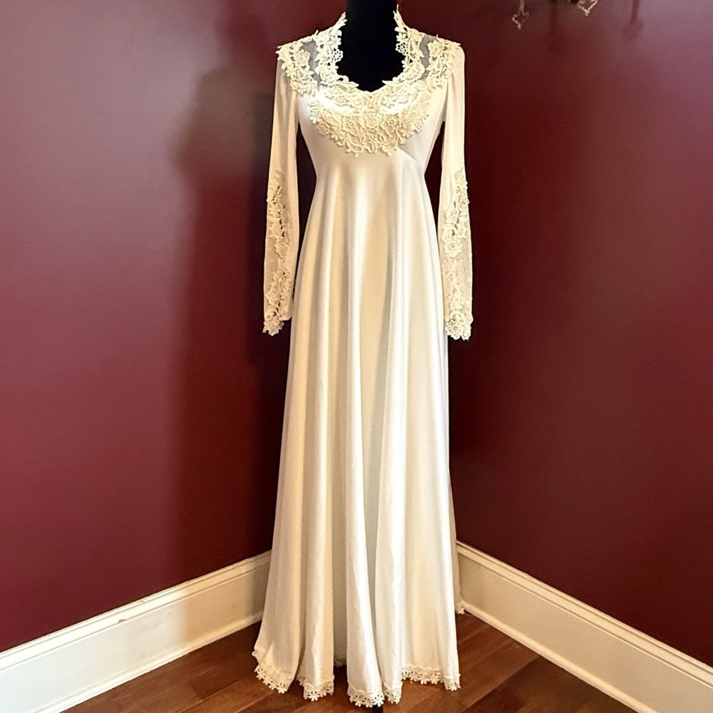 VTG 70s Prairie White Wedding Dress Daisy Lace Boho Cottage Core ILGWU Union USA